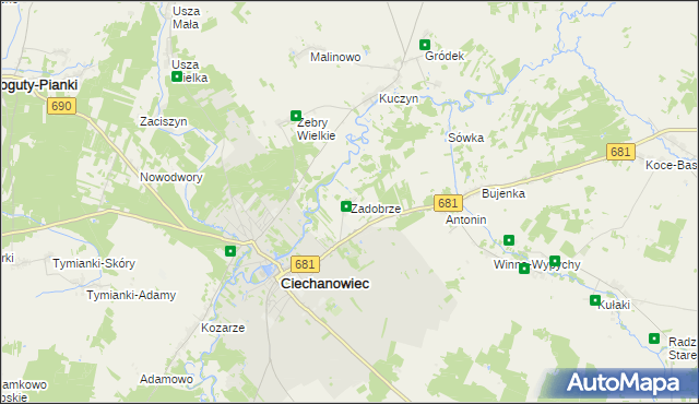 mapa Zadobrze gmina Ciechanowiec, Zadobrze gmina Ciechanowiec na mapie Targeo