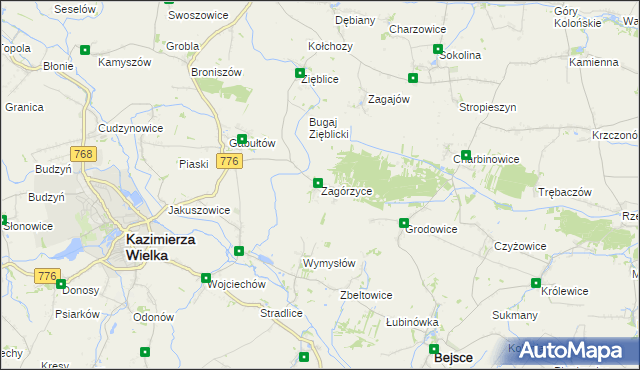 mapa Zagórzyce gmina Kazimierza Wielka, Zagórzyce gmina Kazimierza Wielka na mapie Targeo