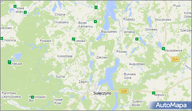 mapa Żakowo gmina Sulęczyno, Żakowo gmina Sulęczyno na mapie Targeo