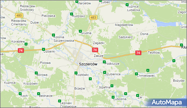 mapa Załuże gmina Szczerców, Załuże gmina Szczerców na mapie Targeo