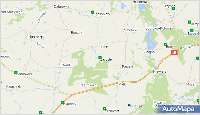 mapa Zarośle gmina Bobrowo, Zarośle gmina Bobrowo na mapie Targeo