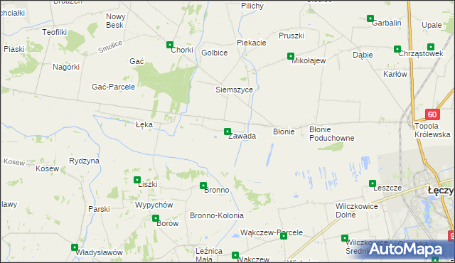 mapa Zawada gmina Łęczyca, Zawada gmina Łęczyca na mapie Targeo