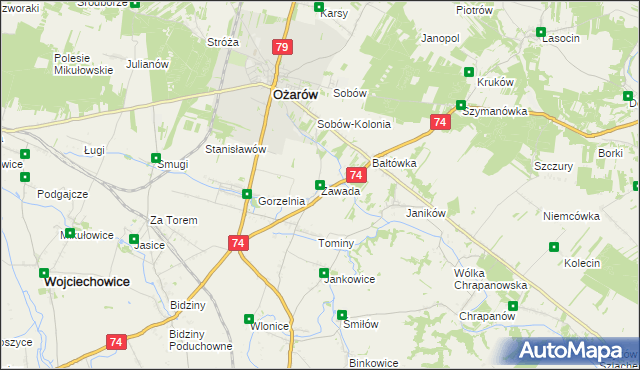 mapa Zawada gmina Ożarów, Zawada gmina Ożarów na mapie Targeo