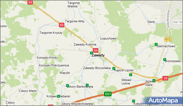 mapa Zawady powiat białostocki, Zawady powiat białostocki na mapie Targeo