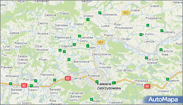 mapa Zebrzydowice gmina Kalwaria Zebrzydowska, Zebrzydowice gmina Kalwaria Zebrzydowska na mapie Targeo