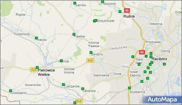 mapa Żerdziny gmina Pietrowice Wielkie, Żerdziny gmina Pietrowice Wielkie na mapie Targeo