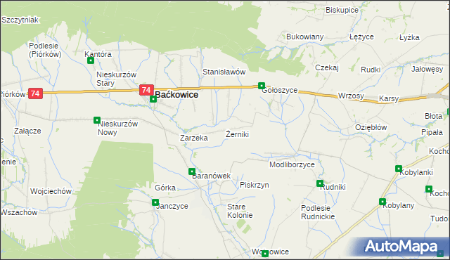 mapa Żerniki gmina Baćkowice, Żerniki gmina Baćkowice na mapie Targeo
