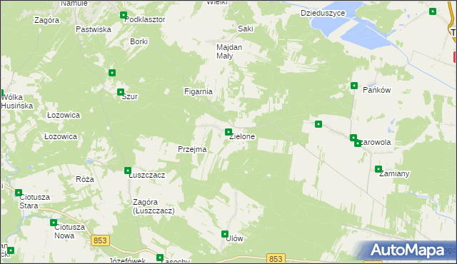 mapa Zielone gmina Krasnobród, Zielone gmina Krasnobród na mapie Targeo