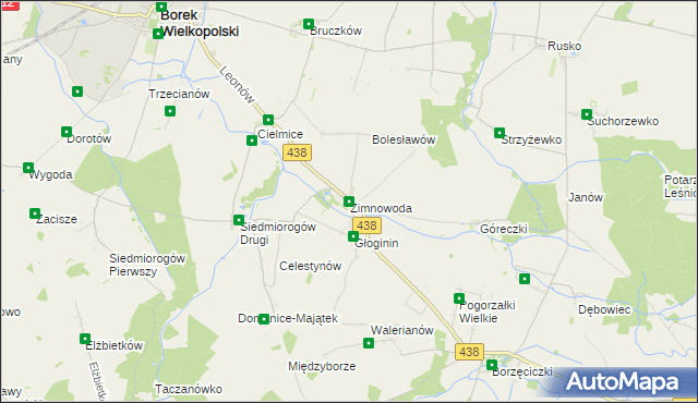 mapa Zimnowoda gmina Borek Wielkopolski, Zimnowoda gmina Borek Wielkopolski na mapie Targeo