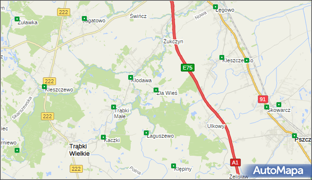 mapa Zła Wieś gmina Trąbki Wielkie, Zła Wieś gmina Trąbki Wielkie na mapie Targeo