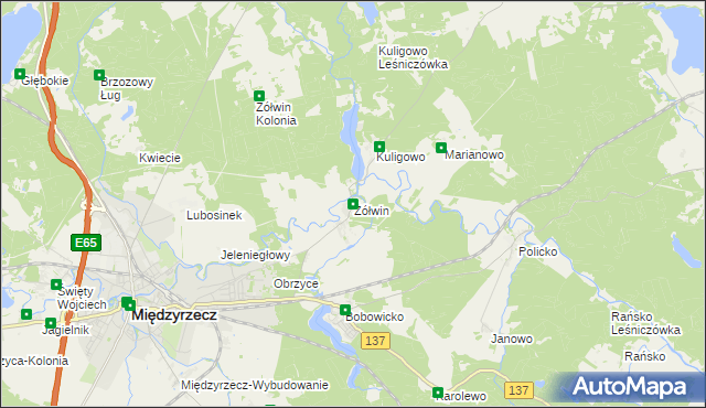 mapa Żółwin gmina Międzyrzecz, Żółwin gmina Międzyrzecz na mapie Targeo