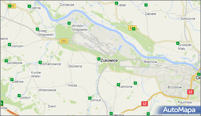 mapa Żukowice powiat głogowski, Żukowice powiat głogowski na mapie Targeo