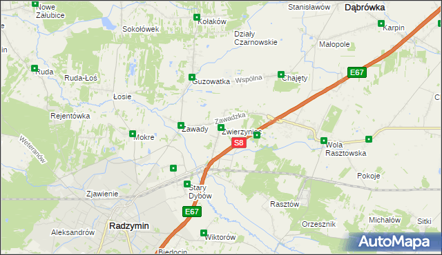 mapa Zwierzyniec gmina Radzymin, Zwierzyniec gmina Radzymin na mapie Targeo