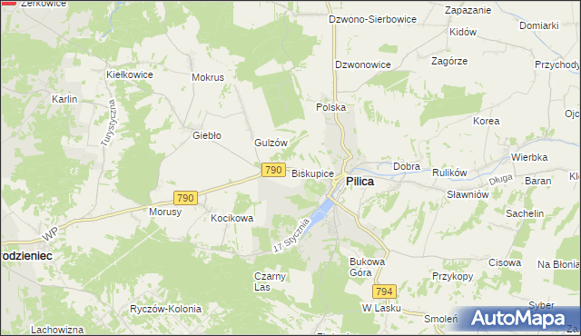mapa Biskupice gmina Pilica, Biskupice gmina Pilica na mapie Targeo