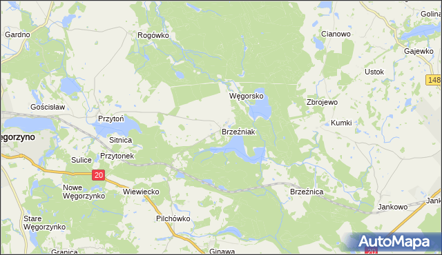 mapa Brzeźniak gmina Węgorzyno, Brzeźniak gmina Węgorzyno na mapie Targeo