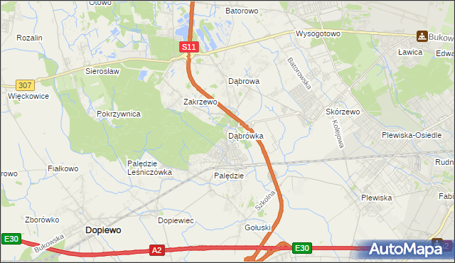 mapa Dąbrówka gmina Dopiewo, Dąbrówka gmina Dopiewo na mapie Targeo