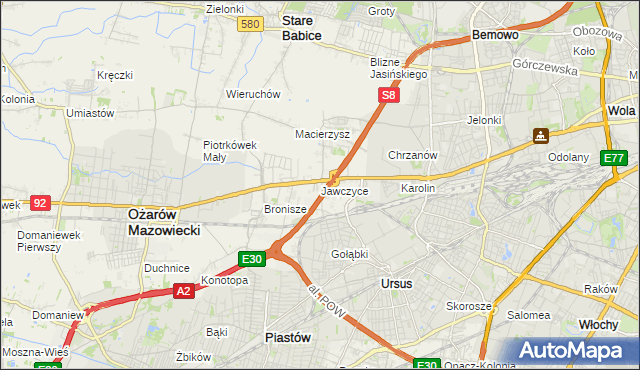 mapa Jawczyce gmina Ożarów Mazowiecki, Jawczyce gmina Ożarów Mazowiecki na mapie Targeo