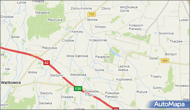 mapa Parądzice, Parądzice na mapie Targeo