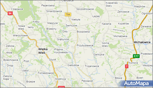 mapa Przybysławice gmina Zielonki, Przybysławice gmina Zielonki na mapie Targeo