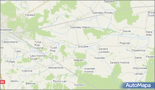 mapa Strzyżew gmina Łuków, Strzyżew gmina Łuków na mapie Targeo