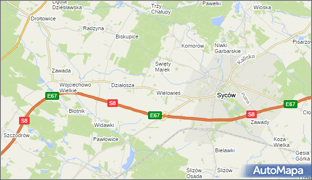 mapa Wielowieś gmina Syców, Wielowieś gmina Syców na mapie Targeo