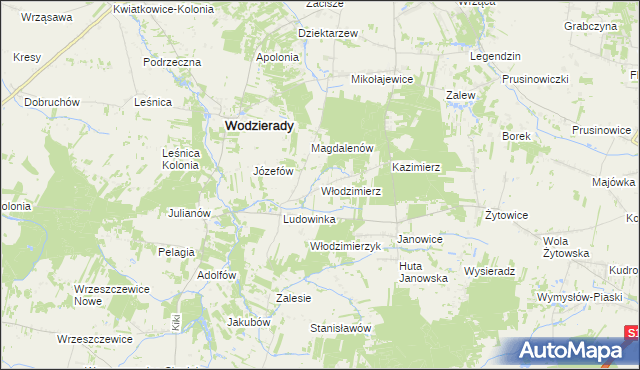 mapa Włodzimierz gmina Wodzierady, Włodzimierz gmina Wodzierady na mapie Targeo