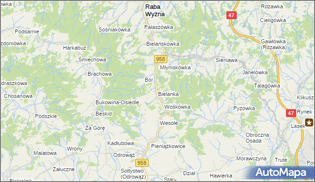 mapa Bielanka gmina Raba Wyżna, Bielanka gmina Raba Wyżna na mapie Targeo