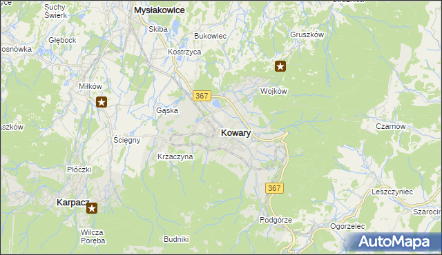 mapa Kowary powiat jeleniogórski, Kowary powiat jeleniogórski na mapie Targeo