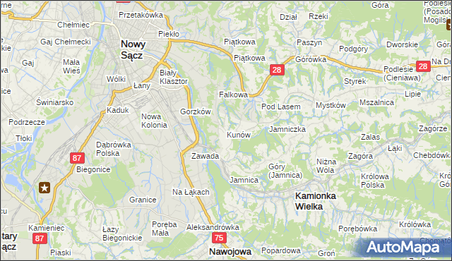 mapa Kunów gmina Chełmiec, Kunów gmina Chełmiec na mapie Targeo