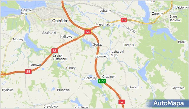 mapa Lipowiec gmina Ostróda, Lipowiec gmina Ostróda na mapie Targeo