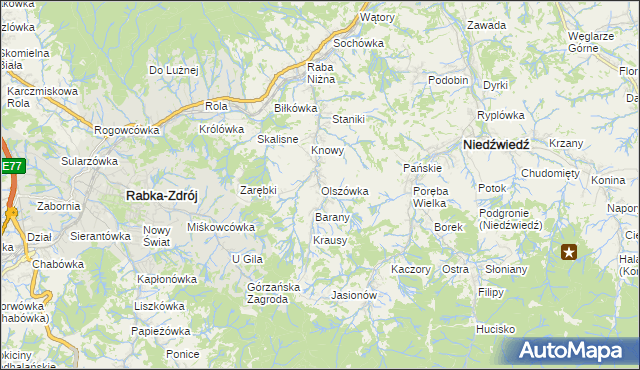 mapa Olszówka gmina Mszana Dolna, Olszówka gmina Mszana Dolna na mapie Targeo