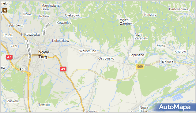 mapa Ostrowsko gmina Nowy Targ, Ostrowsko gmina Nowy Targ na mapie Targeo