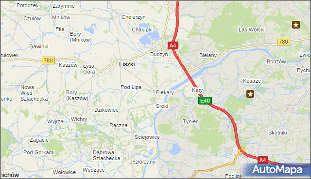 mapa Piekary gmina Liszki, Piekary gmina Liszki na mapie Targeo