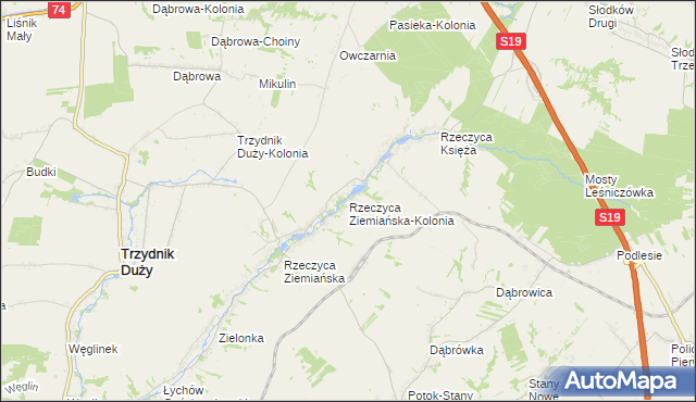 mapa Rzeczyca Ziemiańska-Kolonia, Rzeczyca Ziemiańska-Kolonia na mapie Targeo