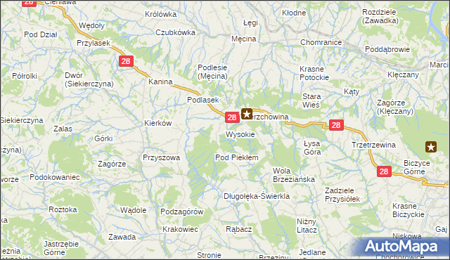 mapa Wysokie gmina Limanowa, Wysokie gmina Limanowa na mapie Targeo