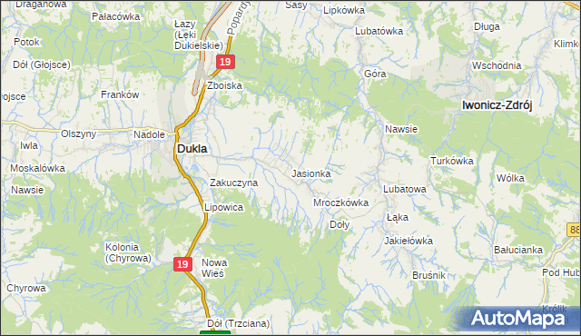 mapa Jasionka gmina Dukla, Jasionka gmina Dukla na mapie Targeo