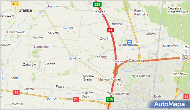 mapa Olendry gmina Grabica, Olendry gmina Grabica na mapie Targeo