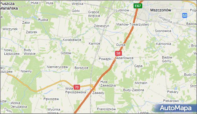 mapa Powązki gmina Mszczonów, Powązki gmina Mszczonów na mapie Targeo