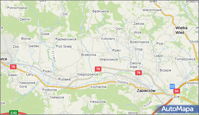 mapa Więckowice gmina Zabierzów, Więckowice gmina Zabierzów na mapie Targeo
