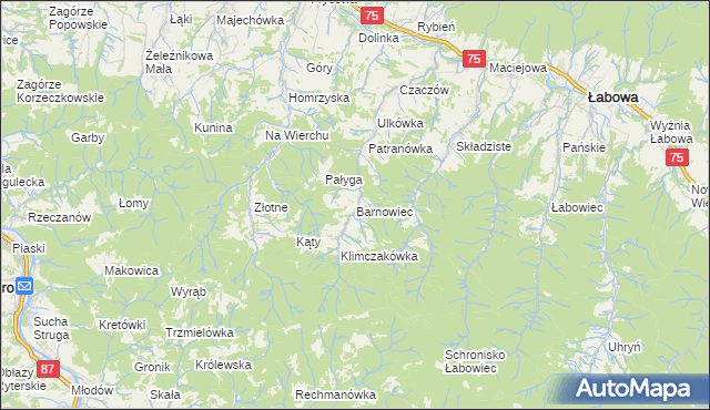 mapa Barnowiec gmina Łabowa, Barnowiec gmina Łabowa na mapie Targeo