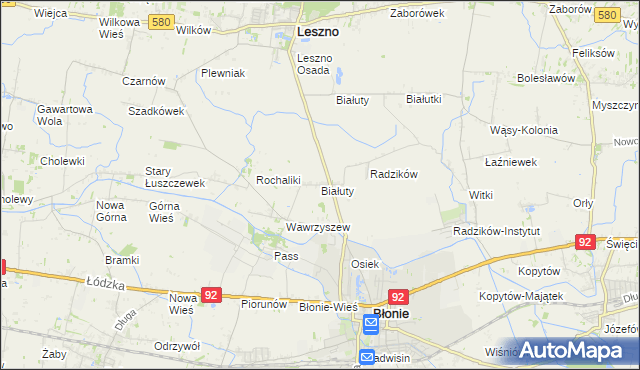 mapa Białuty gmina Błonie, Białuty gmina Błonie na mapie Targeo