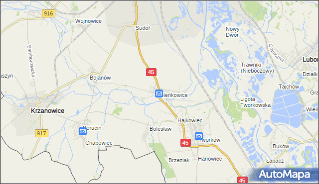 mapa Bieńkowice gmina Krzyżanowice, Bieńkowice gmina Krzyżanowice na mapie Targeo
