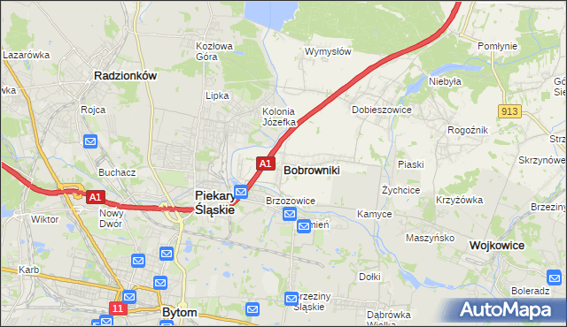 mapa Bobrowniki powiat będziński, Bobrowniki powiat będziński na mapie Targeo