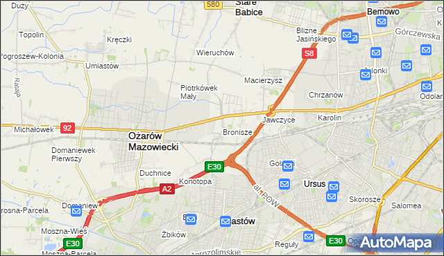 mapa Bronisze gmina Ożarów Mazowiecki, Bronisze gmina Ożarów Mazowiecki na mapie Targeo