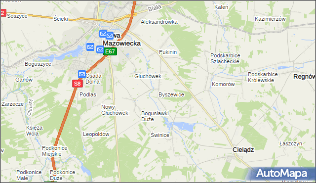 mapa Byszewice gmina Rawa Mazowiecka, Byszewice gmina Rawa Mazowiecka na mapie Targeo