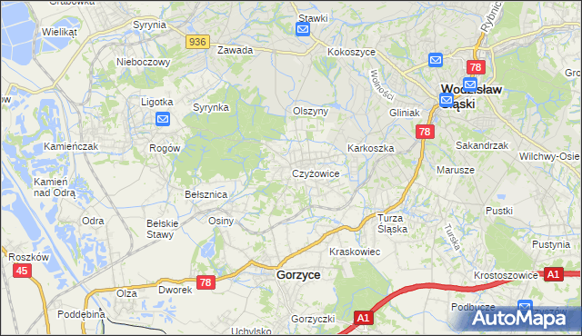 mapa Czyżowice gmina Gorzyce, Czyżowice gmina Gorzyce na mapie Targeo