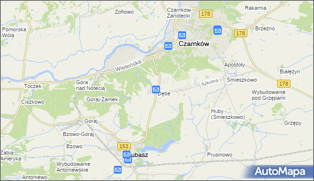 mapa Dębe gmina Lubasz, Dębe gmina Lubasz na mapie Targeo