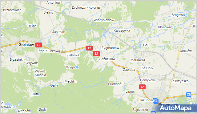 mapa Goździków gmina Gielniów, Goździków gmina Gielniów na mapie Targeo