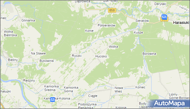 mapa Hucisko gmina Harasiuki, Hucisko gmina Harasiuki na mapie Targeo