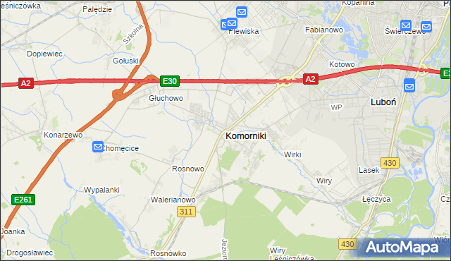 mapa Komorniki powiat poznański, Komorniki powiat poznański na mapie Targeo